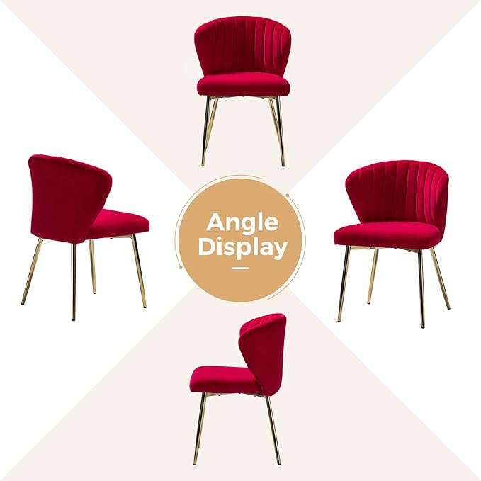 HULALA HOME Dining Chairs Set of 2 Velvet Upholstered Kitchen &amp Dining Room Chairs with Metal Legs Vanity Chair Armless Side Chairs for Living Room Bedroom Restaurant Channel Curved Backrest Red