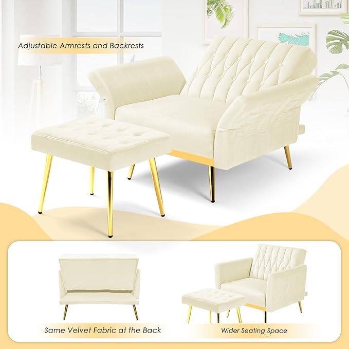 Velvet Accent Chair with Adjustable Backrest and Armrests Single Recliner Armchair with Ottoman and Golden Mental Legs for Living Room Bedroom and Waiting Room Beige