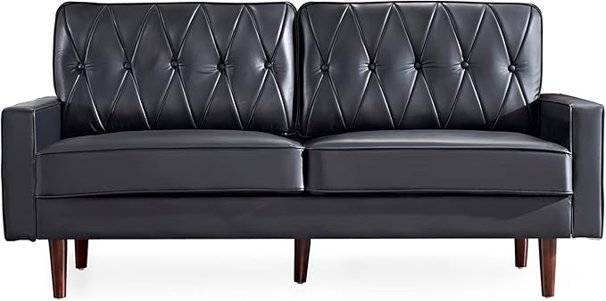 Container Furniture Modern Style Faux Leather Sofa with Elegant Round Tapered Legs and Button Tufted Backrest Perfect for Living Room Bedroom or Home Office 69.3’’ Wide Black
