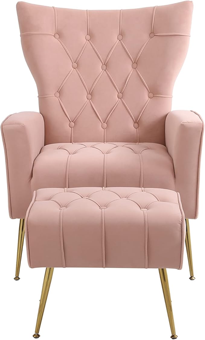 Velvet Accent Chair with Ottoman Modern Lounge Chair with Wing Backrest &amp Metal Legs Upholstered Single Leisure Sofa Chair Reading Chair for Living Room Bed Room Office (Pink)