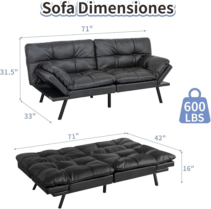 MUUEGM Futon Sofa Bed Memory Foam Matte Black Futons Modern Office Couch Sleeper Bed Convertible Love seat Sofa for Small SpacesApartmentOffice with Adjustable Armrest Backrest