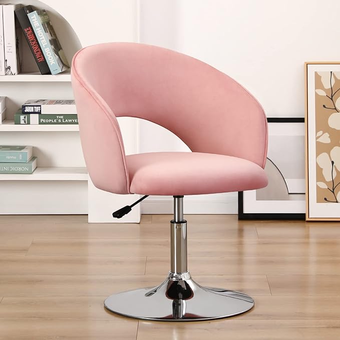 Furnimart Pink Velvet Vanity Chair Vanity Stool with Back Height Adjustable Swivel Accent Chair with Backrest Round Makeup Chair for Vanity Living Room Bedroom (Pink)