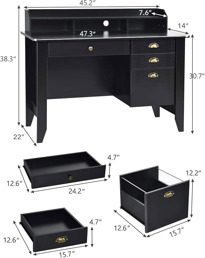 Catrimown Computer Desk with Drawers and Hutch Vintage Wood Home Office Desk Writing Study Teens Student Desk PC Laptop Table for Small Spaces Black