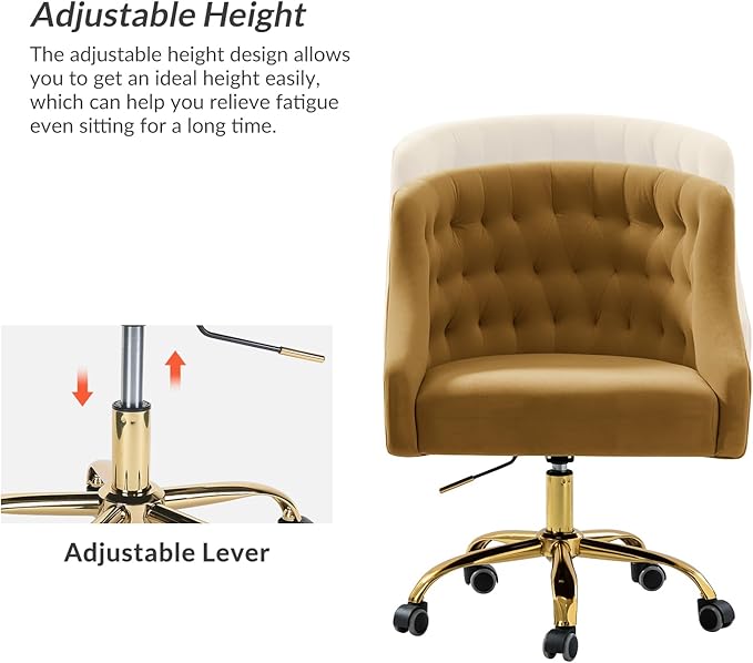 TINA'S HOME Velvet Home Office Chair with Gold Base Comfortable Modern Cute Desk Chair Adjustable Swivel Task Chair for Living Room Bedroom Vanity Study Golden