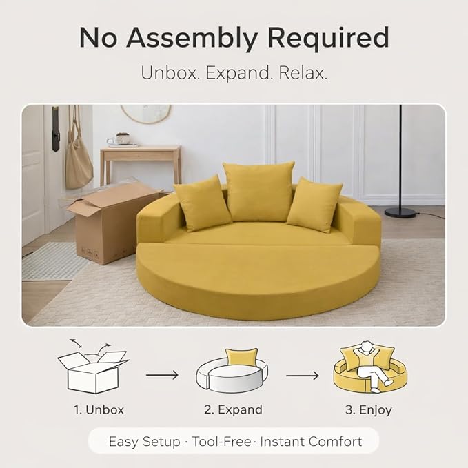 Convertible Round Sofa Bed 67 Corduroy Upholstered Loveseat Sleeper Couch Pull-Out Floor Bed with 3 Pillows No Assembly 550 lbs Weight Capacity (Yellow)