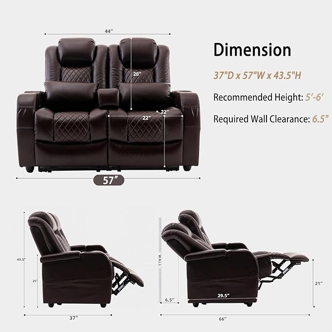 Loveseat Recliner Recliner Sofa with Cup Holders and 2 Pillows Wall Hugger Recliners &amp 135° Reclining Loveseat (Brown PU Leather Furniture)