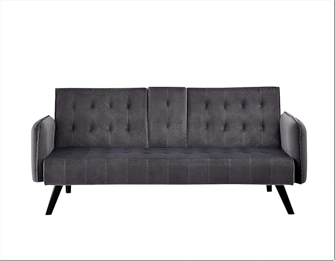 Container Furniture Direct 72 Velvet Convertible Sofa Bed with Cup Holders Tufted Folding Futon Sleeper Couch Mid-Century Modern 3 Seater for Small Spaces 72 L x 34.6 D x 31 H Grey