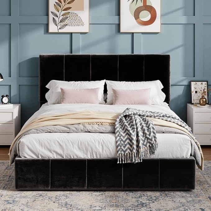 SHA CERLIN Full Size Bed Frame Velvet Upholstered Platform Bed Vertical Channel Tufted Adjustable Headboard Low Profile Bed Frame No Box Spring Needed Easy Assembly Black