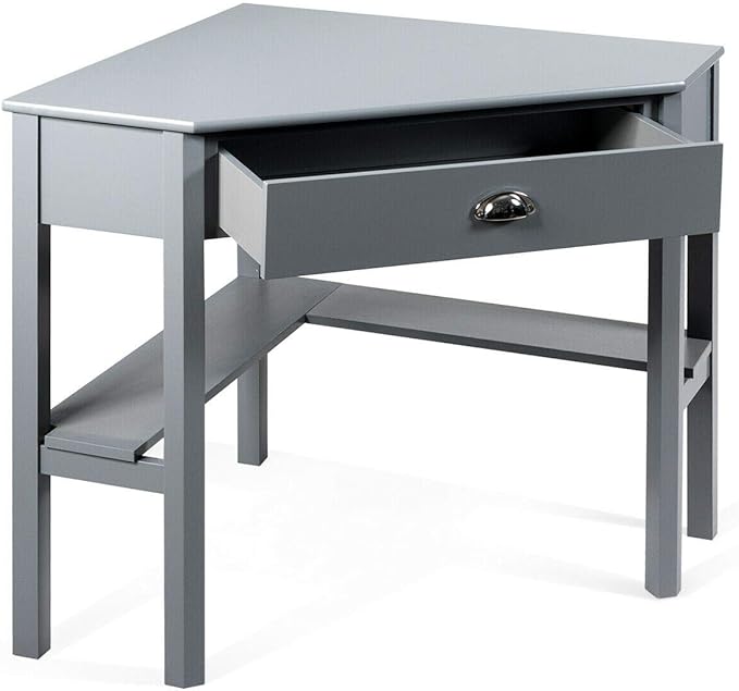 Corner Desk Compact Home Office Corner Desk Organizer90 Degrees Triangle Computer Laptop Writing Table for Small Spaces with Storage Shelf and Drawer (Gray)