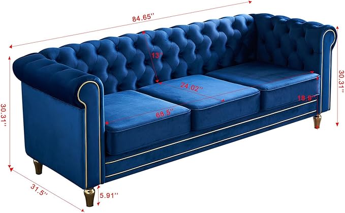 KEIKI 85 Chesterfield Velvet Tufted Button Sofa with Deep Seat Cushions and Rolled Arms Modern Style 3-Seater Couch Decorated with Gold Strip Easy Assembly for Living Room Bedroom Office Blue