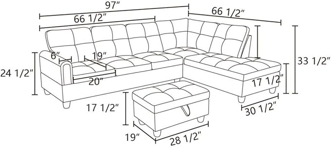 Dark Grey 3 Piece Sectional Sofa Set L Shaped Flannel Couch with Storage Ottoman Modern Upholstered Sofa for Living Room Office
