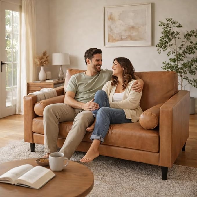 Naomi Home Marisa Mid-Century Modern Genuine Leather Loveseat Sofa – Comfortable 2-Seater Tan Cowhide for Small Spaces &amp Apartment Living – Robust Hardwood Frame