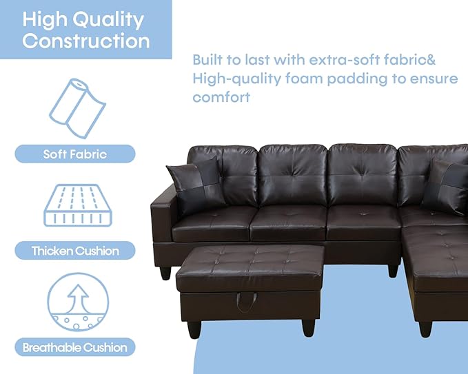Sectional Couch for Living Room Furniture SetsBrown Leather Sectional Sofa L Shape Couch with Chaise and Storage Ottoman for Living Room/Apartment/Office（Facing Right Chaise）