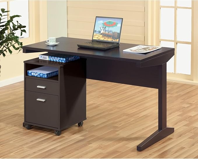 Home Office Desk with Modesty Panel and Detached File Cabinet on Locking Wheels with Two Drawers File Drawer Cubby Shelf Metal bar Handle Red Cocoa Color