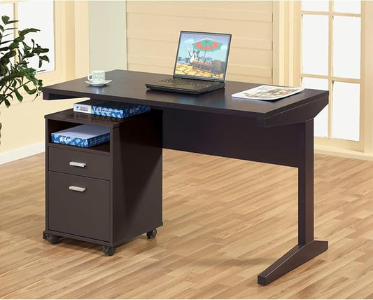 Home Office Desk with Modesty Panel and Detached File Cabinet on Locking Wheels with Two Drawers File Drawer Cubby Shelf Metal bar Handle Red Cocoa Color