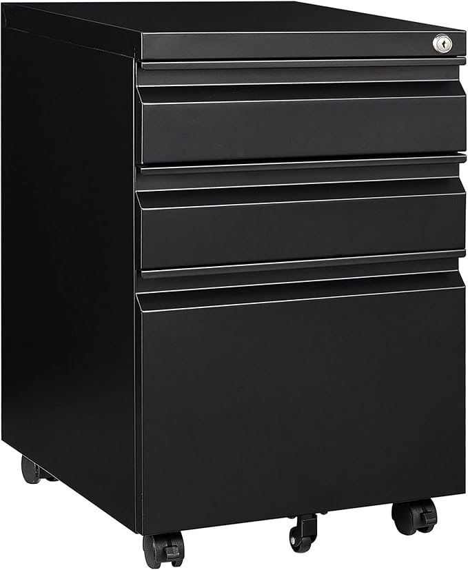 3 Drawer File Cabinet with LockUnder Desk File Cabinet with WheelsBlack Rolling Filing CabinetsThree Drawer Metal Filing Cabinet for Home OfficeFit A4/Letter/Legal File- Assembly Required