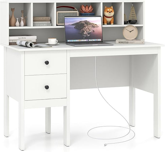 COSTWAY Writing Desk with USB Type-C Charging Ports &amp Power Outlets 48” Computer Desk with Drawers &amp 5-Cubby Hutch Study Table Computer Work Station for Home Office