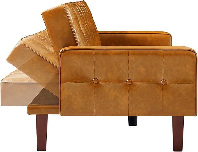 74.4 Faux Leather Couch Bed Sofa Bed Small Space Sleeper Couch with Adjustable Backrest Mid Century Modern Couches for Small Living Room Office Bedroom Apartment (Brown)
