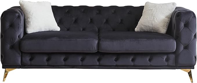 82.5'' Velvet Chesterfield Sofa Button Tufted Upholstered Sofa Couches with 2 Pillows Golden Metal Feets Removable Thick Cushions Comfy Chesterfield Couches for Living Room Apartment Black