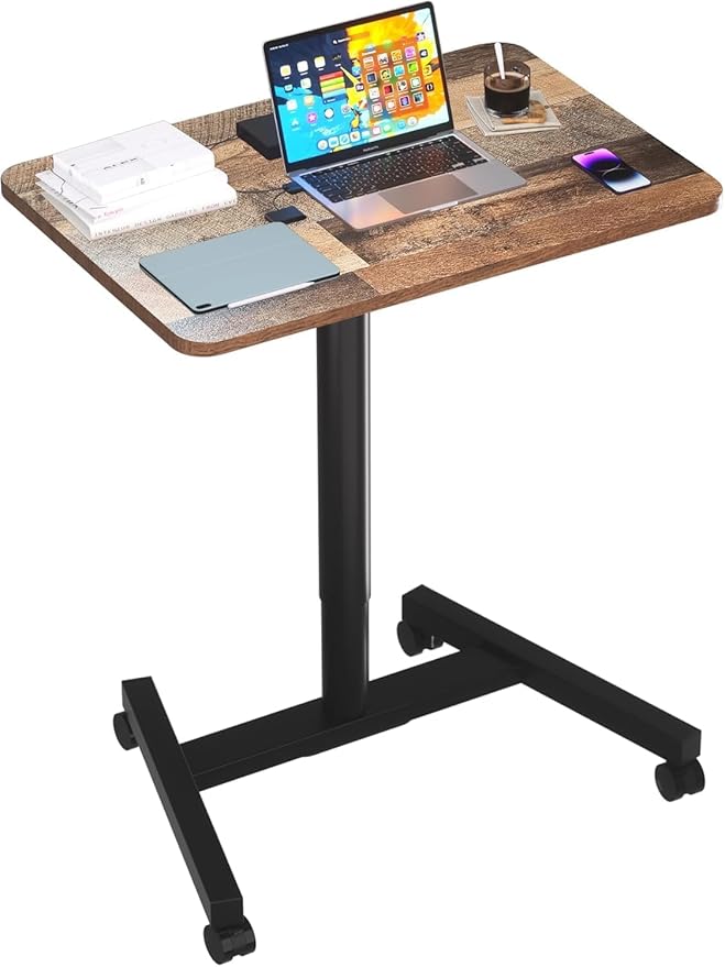 28-Inch Mobile Standing Desk Adjustable Height Portable Standing Desk with Lockable Wheels Rolling Table for Home Office Classroom Hospital (Rustic Brown Aluminum Pro)