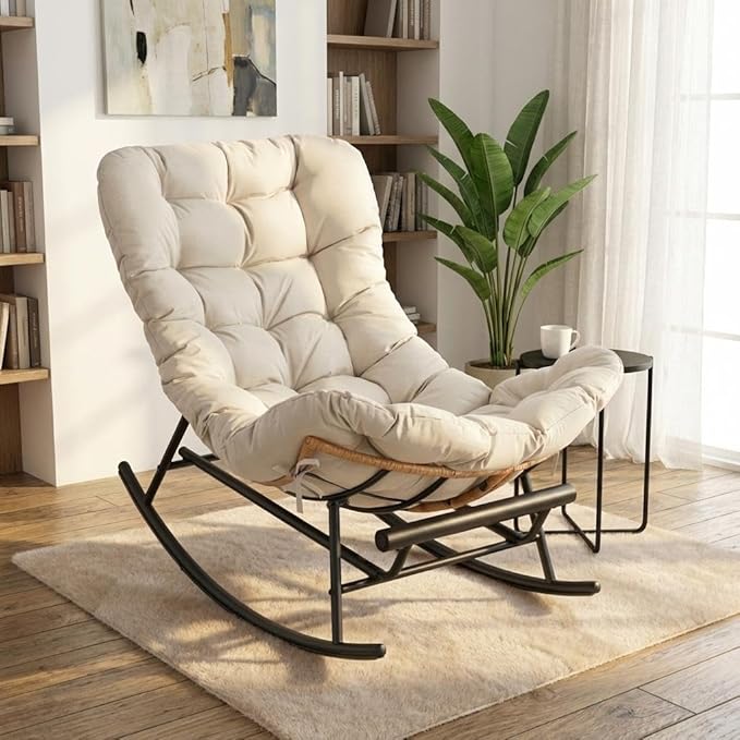 GAOMON Papasan Rocking Chair with Foot Rest Papasan Chair with Thick Removable Cushion and Metal Frame Lounge Chairs and PE Rattan Rocker for Patio Garden Lawn Living Room and Relaxation Space