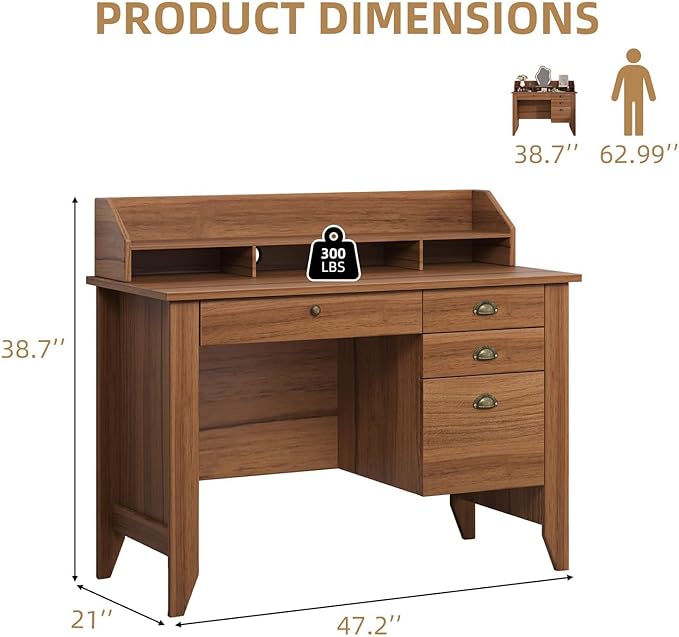 4 EVER WINNER Wooden Desk with Drawers Small Desk with Monitor Stand and File Drawe Writing Desk with Drawers for Bedroom Small Spaces Walnut