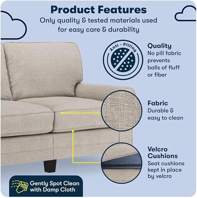 BOWERY HILL 61 Rolled Arm Loveseat Sofa Light Gray Upholstered Anti-Pilling Polyester Fabric Removable Covers Compact Modern Design Solid Wood Frame Living Room Two-Seater Couch