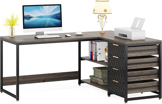 59-Inch Reversible L-Shaped Desk with Drawers &amp Shelves Corner Computer Desk Workstation for Home Office Grey