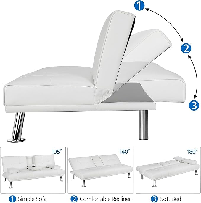 Modern Futon Sofa Bed 67 Inch Leather Convertible Futon Couch Loveseat Sleeper for Small SpacesComfy Folding Recliner Couches for Living Room Adjustable Backrest2 Cup HoldersMetal Legs (WHITE)