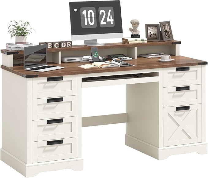 60 Farmhouse Executive Desk with 8 Drawers Wood Computer Desk with Keyboard Tray and Charging Station Home Office Desk Writing with File Drawer Fits A4 Size for Work and Study White and Brown