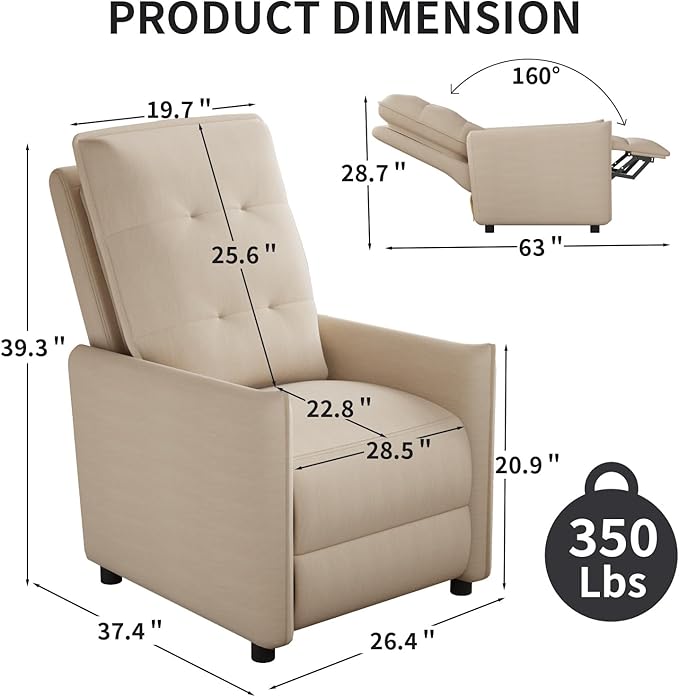 Manual Recliner Chair for Adult Velvet Reclining Chair with Chunky Cushion for Small Space Comfortable Reclining Sofa for Living Room Bedroom Home Theater Easy Assembly (Beige)