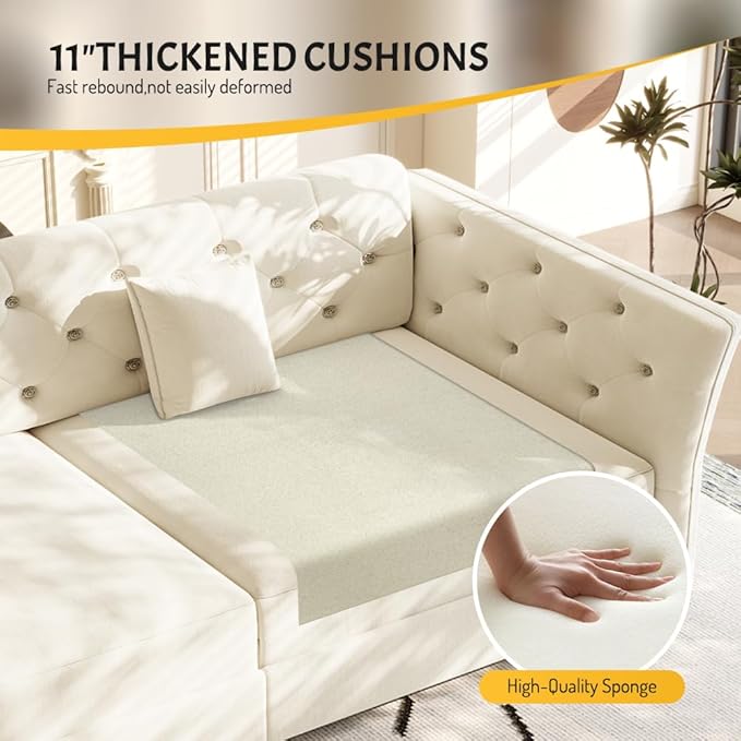 74.4'' Velvet Pull Out Sofa Bed Oversized Queen Sleeper Sofa with Handcrafted Floral Tufted Design 3-in-1 Convertible Sleeper Couch Tufted Deep Seat Couch for Living Room Apartment Beige