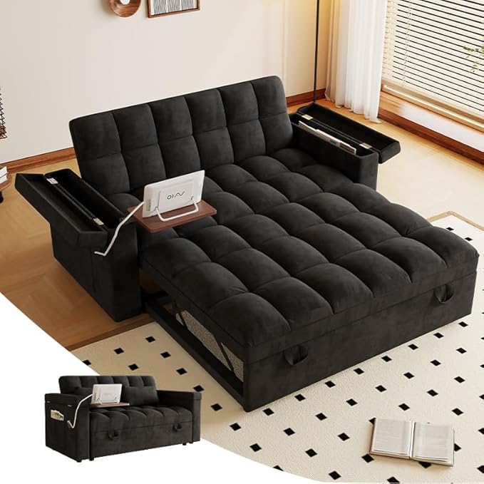 65'' 3-in-1 Convertible Sofa Bed with Adjustable Backrest Pull Out Sofa Velvet Couch Sleeper Side Table Easy Assembly for Living Room &amp Apartments Black