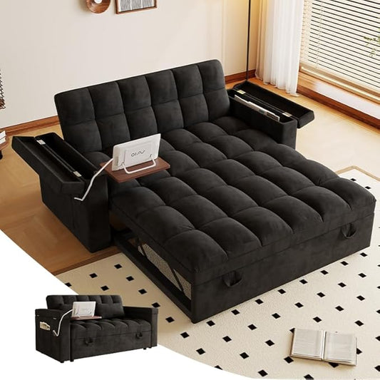 65'' 3-in-1 Convertible Sofa Bed with Adjustable Backrest Pull Out Sofa Velvet Couch Sleeper Side Table Easy Assembly for Living Room &amp Apartments Black