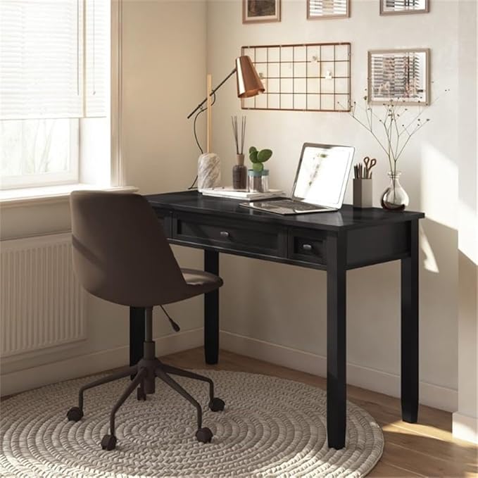 Pemberly Row Solid Wood Writing Desk 48 in Hickory Brown Finish Transitional Design with Keyboard Tray Side Storage Drawers Shaker Style for Home Office or Living Room