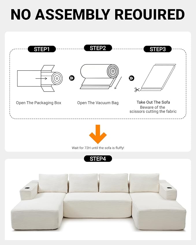 132 Modular Sectional Sleeper Sofa Boneless Cloud Couch for Living Room U Shaped 5 Seat Sofa with 2 Cup Holders Free Combination No Assembly Required (Beige)