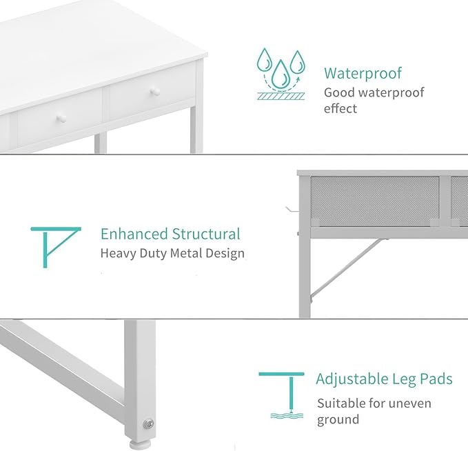 Lufeiya Small White Computer Desk with Drawers for Home Office Bedroom 40 Inch Vanity Desk with Fabric Drawer Storage and Side Pouch Study Writing Table White