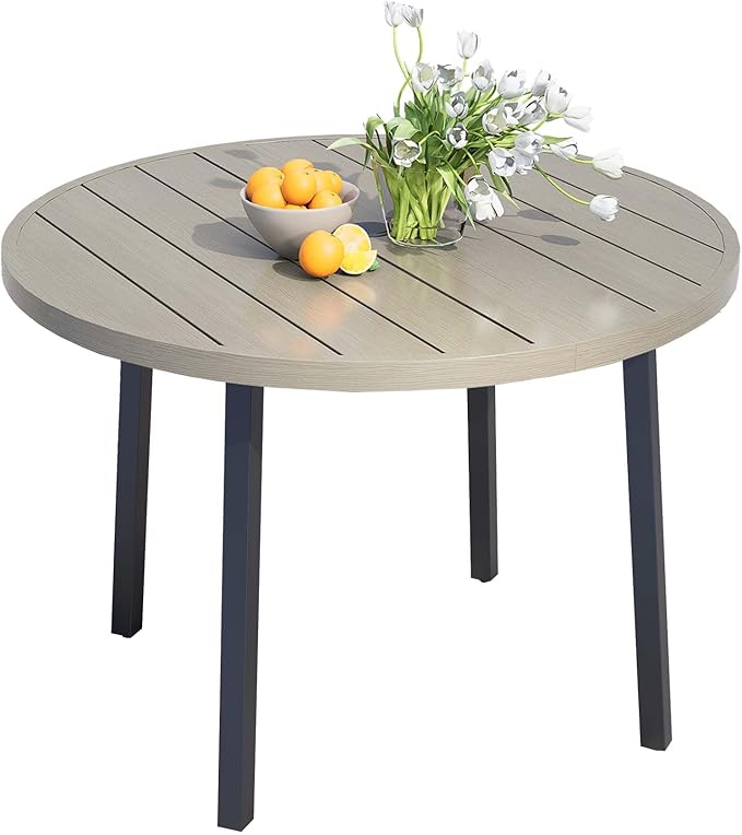 42 Round Patio Dining Table for 4 All-Weather Metal Patio Table with Umbrella Hole Outdoor Round Dining Table for Lawn Garden Porch Honey Oak