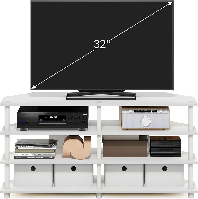 Furinno ECON TV Stand 4-Tier Corner Entertainment Center TV Console for TV up to 55 Inch Easy Assembly for Living Room Bedroom White