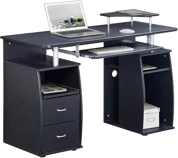Techni Mobili 47 Computer Desk with Drawers and Storage Office Desk with Printer Shelf Pull Out Shelf and Keyboard Tray Computer Workstation Espresso Brown
