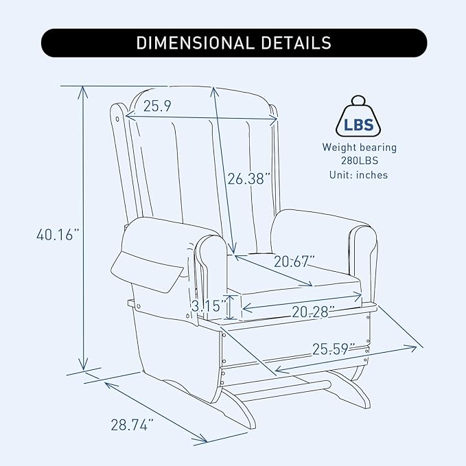 Stylish Modern Glider RockerSolid Wood Glider Gentle Rocking Chair with Padded Cushion Water Oil Resistant Fabric Applicable to ReadWatchSleep Blue
