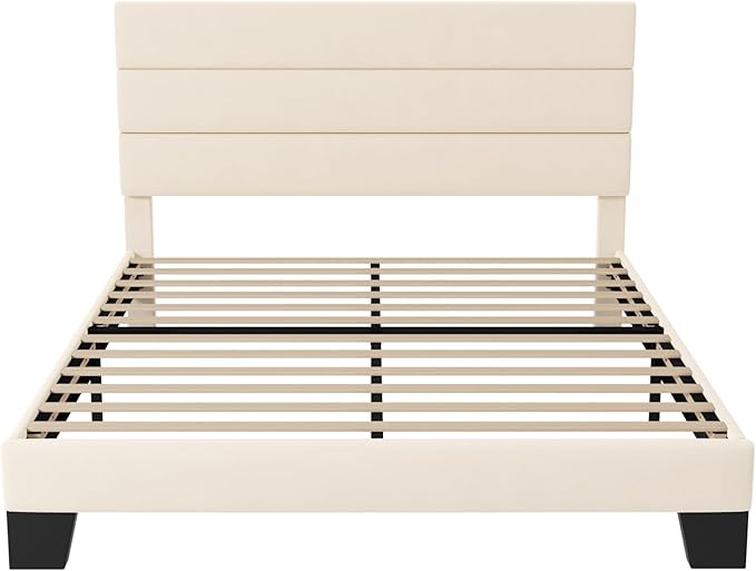 Allewie Full Size Platform Bed Frame with Velvet Upholstered Headboard and Wooden Slats Support Fully Upholstered Mattress Foundation/No Box Spring Needed/Easy Assembly Cream