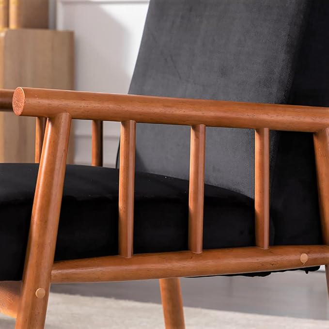 Container Furniture Classic Living Room Mid Century Modern Accent Chair with Unique Open-Framed Arm Design and Solid Wood Frame Velvet Armchair Black