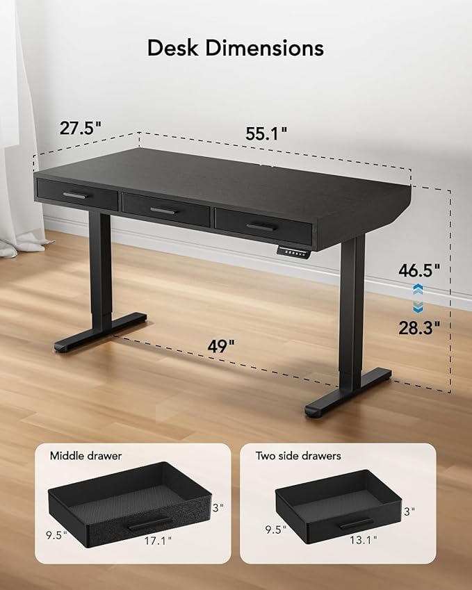 HUANUO Electric Standing Desk with Drawers C-Clamp Mount Compatible 55 x 28 Inch Height Adjustable Sit Stand Desk Fabric Drawers Home Office Stand Up Desk with 4 Custom Height Settings Black