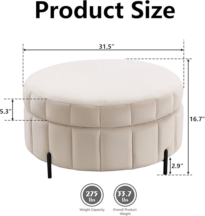 31.5 Round Ottoman with Storage BeigeReversible Lid Upholstered Ottoman Coffee TableModern Pumpkin-Shape Foot Stool for Living Room