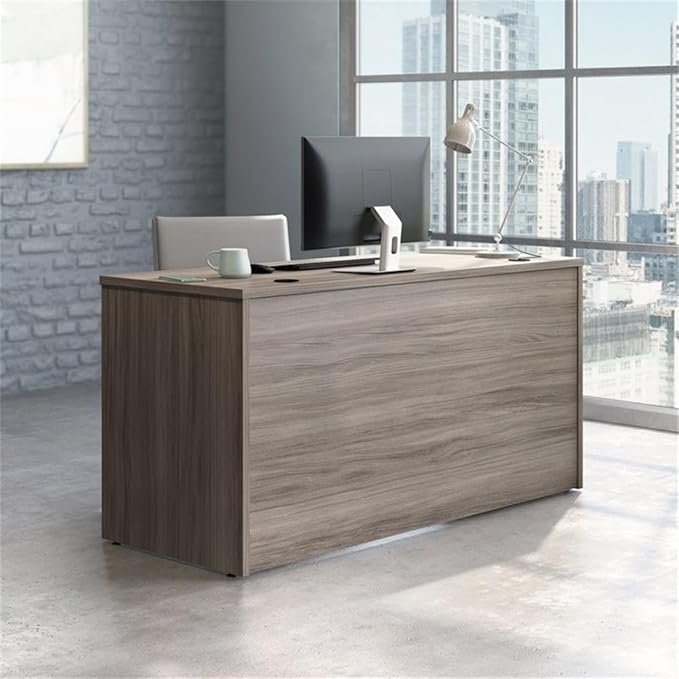 Pemberly Row Engineered Wood Computer Desk Elm/Brown Finish 60 x 24 Durable 1 Thick Top Scratch Resistant Surface Cord Management Grommets Adjustable Levelers Professional Office Desk