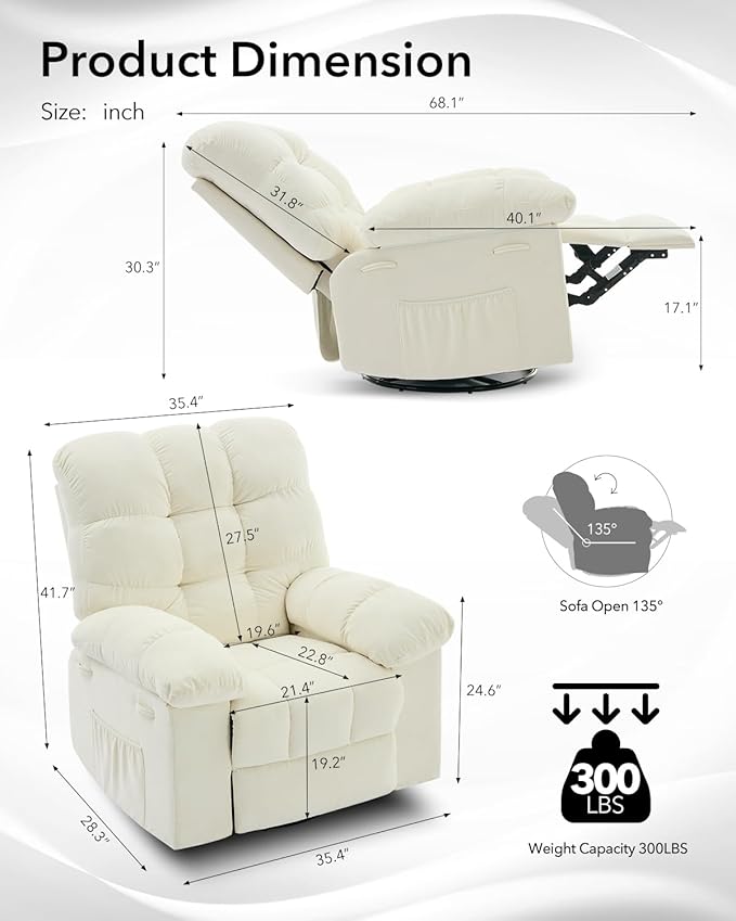 Rocking Recliner Chair 360° Swivel Glider Rocker Chair for Living Room &amp Nursery Upholstered Fabric Single Sofa with Side Pockets Heavy-Duty Steel Frame Lazy Recliner for Small Spaces Beige