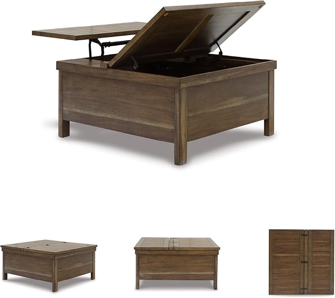 Signature Design by Ashley Moriville Rustic Hinged and Lift Top Cocktail Table with Hidden Storage Light Brown