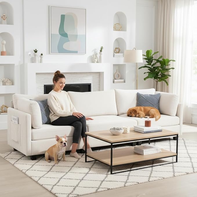 111 Sofas for Living Room 3 Seater Couch with 2 Pillows Modern Comfy Chenille Couches with Storage Bag Deep Seat Sofa for Apartment Small Space Beige