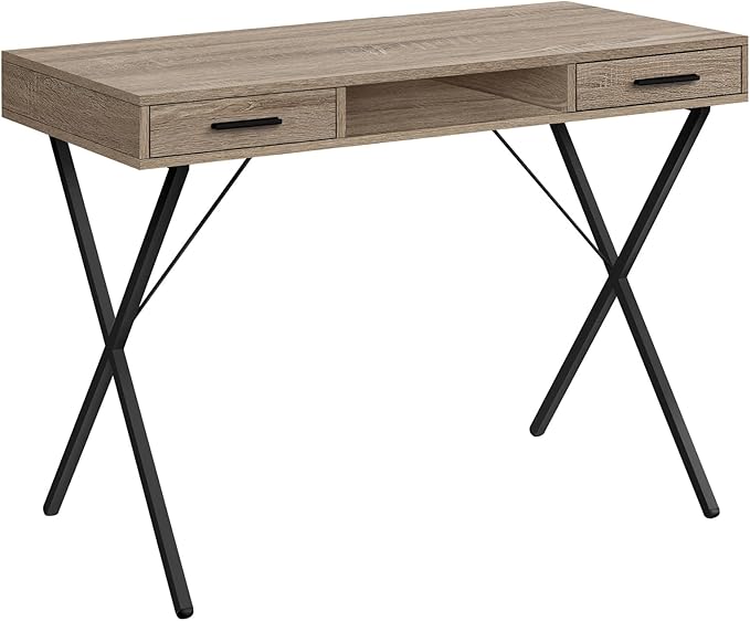 Penau Contemporary Computer Desk Multi-Use Home Office Laptop Table 42 Inch with Storage Drawers and Open Shelf Dark Taupe Wood Look Black Metal Base